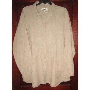 FLAX L 100% Linen Tunic Top Big Shirt Blouse Beige Pintucked Oversized Button
